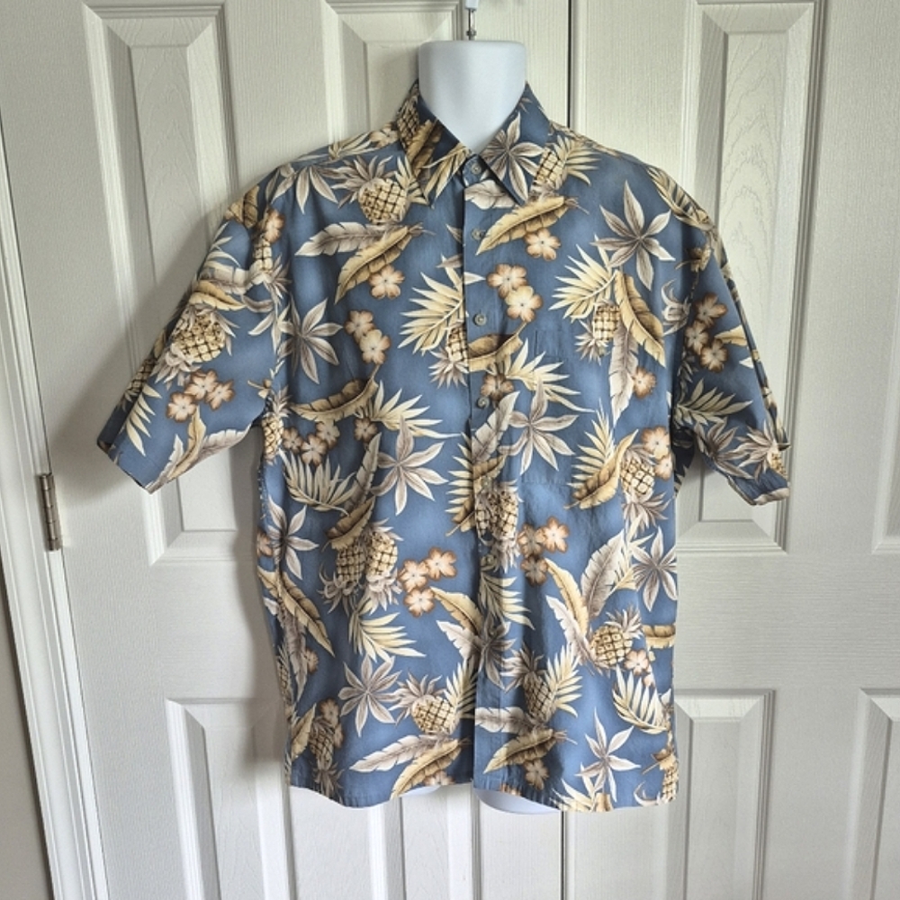 Vintage Campia 100% Cotton Button Down Light Blue Tan Hawaiian Shirt‎ Mens L